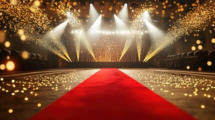 A glamorous red carpet under dazzling spotlights, symbolizing fame, achievement, and the allure of stardom at a grand event.