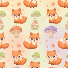 Adorable Fox and Mushroom Seamless Pattern Watercolor Illustration