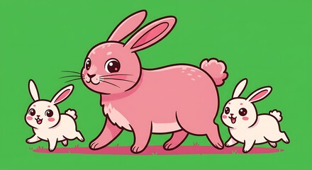 Fototapeta premium Pink Rabbit Walking with Baby Bunnies on Green Grass Illustration
