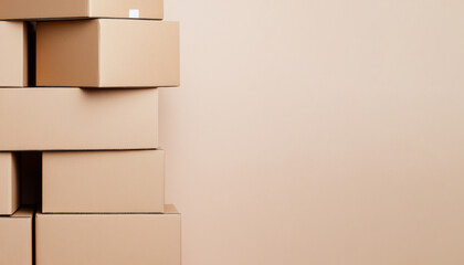 Obraz premium Stack of plain cardboard boxes aligned on the left side against a beige background. Useful for logistics, shipping, packaging, storage, and e-commerce concepts with copy space.