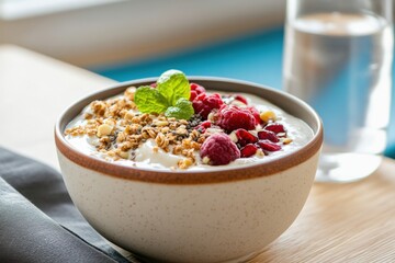 Healthy breakfast bowl with yogurt, granola, raspberries, pomegranate seeds, and mint served on a wooden table. Represents clean eating, morning routines, and nutritious food.