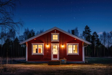 Small red wooden cabin illuminated warmly at night under a clear starry sky, surrounded by trees. Evokes themes of solitude, nature, retreat, and peaceful countryside living.