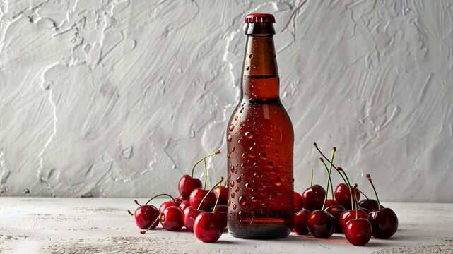 A brown bottle of cherry beer sits on a white wooden surface. Fresh red cherries surround the bottle, glistening with water droplets. The background is textured and light-colored