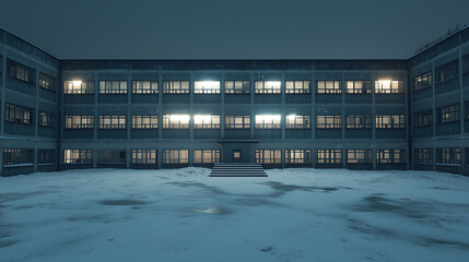 Obraz premium Deserted snow-covered courtyard of an old institutional building lit by glowing windows on a cold winter night.