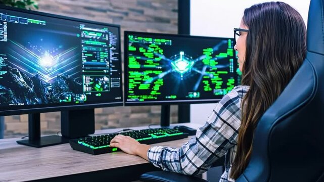 Cybersecurity Specialist at Work: A focused female cybersecurity professional diligently monitors multiple screens displaying complex data streams.