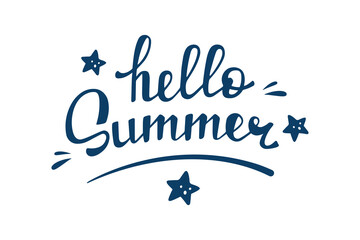 Hello Summer hand drawn lettering. Cartoon illustration, handwritten calligraphy. Summer time Quote. Summer greetings with stars © Kate Artery19