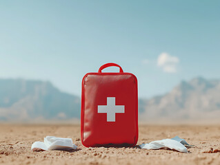 Emergency response kit desert landscape first aid supplies outdoor environment close-up view safety preparedness