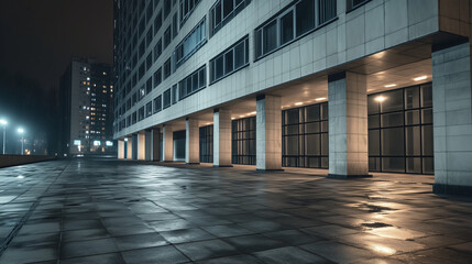 Fototapeta premium Modern urban architecture with tall residential buildings and illuminated walkway at night on wet pavement.