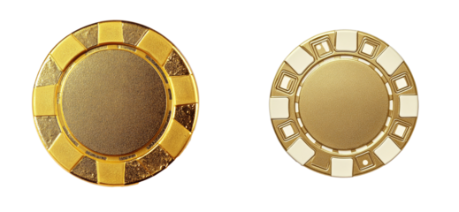 Two poker chips, gold, ivory, gambling accessory, luxurious, cut out transparent