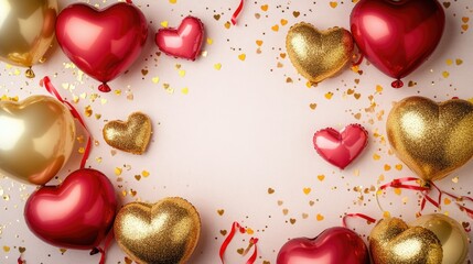 A festive arrangement of red and gold heart-shaped balloons with ribbons
