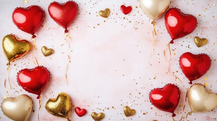 A festive arrangement of red and gold heart-shaped balloons with ribbons