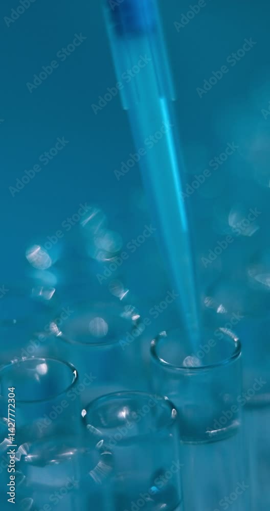 Poster glass, science and pipette with sample for test, chemical production or formulation at laboratory. c