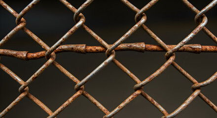 Fototapeta premium Rustic Charm Weathered Chainlink Fence With Patches Of Rust And Subtle Lighting