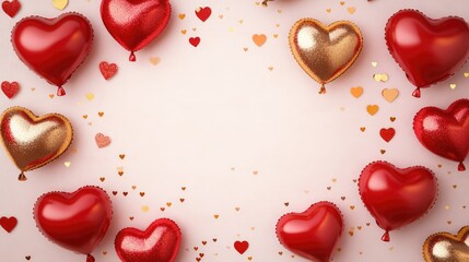 A festive arrangement of red and gold heart-shaped balloons with ribbons