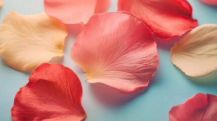 Petal of roses: Delicate rose petals in various shades of pink, red, and cream elegantly scattered on a soft blue surface, radiating beauty and delicate. 