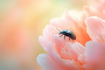 Delicate dark beetle on a soft pink peony flower.