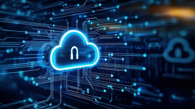 Digital cloud with a secure lock symbolizing cybersecurity and data protection.