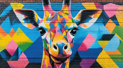 A colorful mural on a brick wall depicts a vibrant, geometric giraffe.