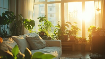 Bright living room with large windows, sheer curtains, and potted plants
