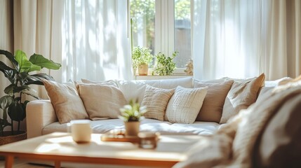 Bright living room with large windows, sheer curtains, and potted plants