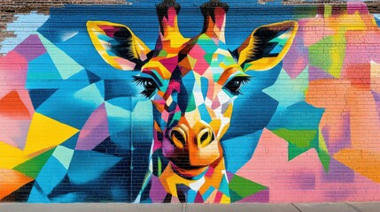 A colorful mural on a brick wall depicts a vibrant, geometric giraffe.