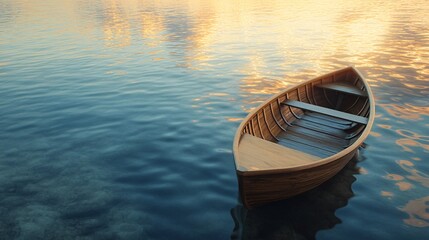 Obraz premium Serene Wooden Rowboat on Calm Water at Sunset Tranquil Lake Scene