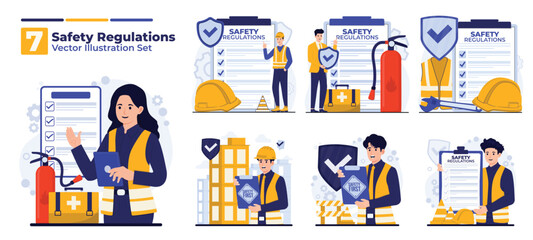 Illustration set about safety regulations concept with OSHA rules, construction helmets, fire hazards, and worker protection equipment