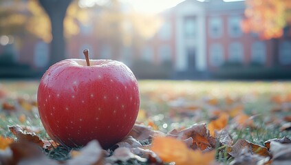 Close-up of a single apple resting on green grass in front of a quiet school yard, symbolizing National Teacher Day with themes of background, natural, peace, blurred, scene and guidance, field, appre