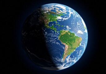 The photograph captures a realistic view of Earth from space showing illuminated continents, blue oceans with clouds, and city lights on the night side, offering a global perspective