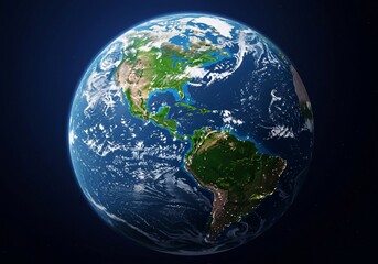 A global perspective of Earth is presented in a realistic view from space, showcasing illuminated continents, blue oceans with clouds, and city lights on the night side