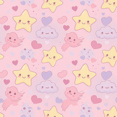 Adorable Kawaii Stars, Clouds, and Hearts Seamless Pattern