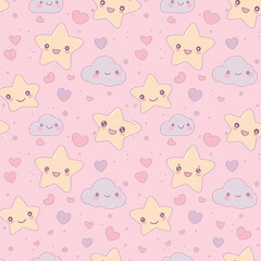 Adorable Kawaii Stars and Clouds Seamless Pattern Pink Pastel Background