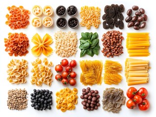 Naklejka premium A vibrant flat lay showcasing an assortment of colorful pasta shapes, fresh tomatoes, olives, and basil leaves on a white background.