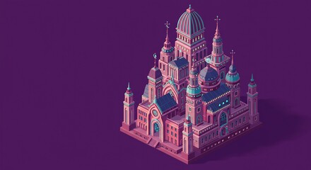 Obraz premium 紫色の背景、低多角形建築、幻想的宮殿、静かに輝く