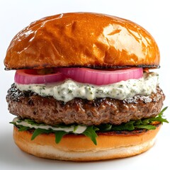 A juicy grilled beef burger with red onion, creamy herb sauce, and fresh lettuce on a toasted bun.