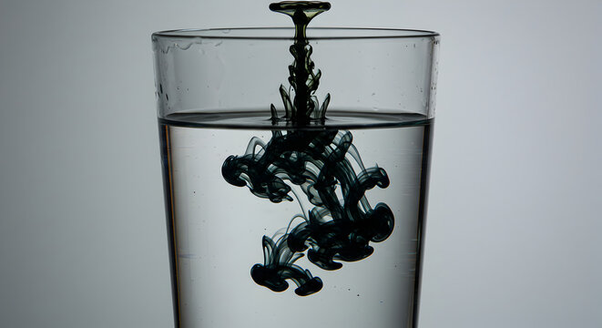 Elegant Fluidity Black Dye Dissolving in a Glass of Pure Water
