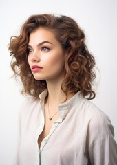 Fototapeta premium Brown Short Curly Hair Woman White Blouse Beauty Portrait