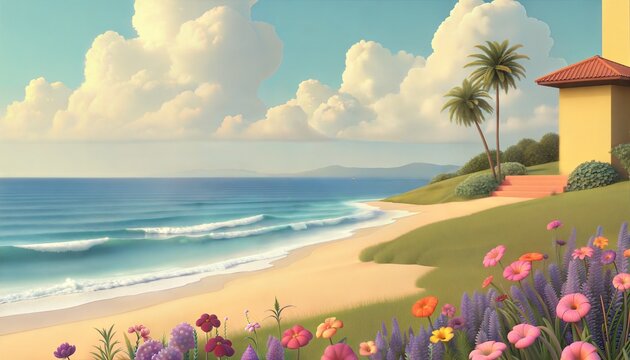Tropical beach with flowers and house