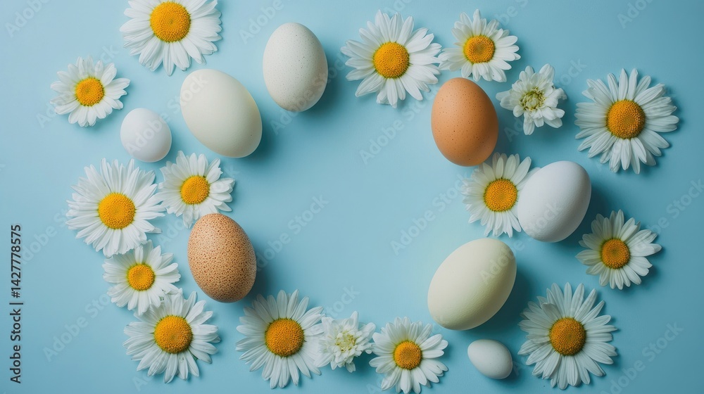 Poster a flat-lay top view photograph of vibrant eggs and spring daisies on a gentle blue backdrop, with an