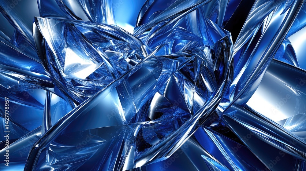 Poster a geometric abstract design in shades of cobalt blue, featuring sharp angles, folds, and light shado