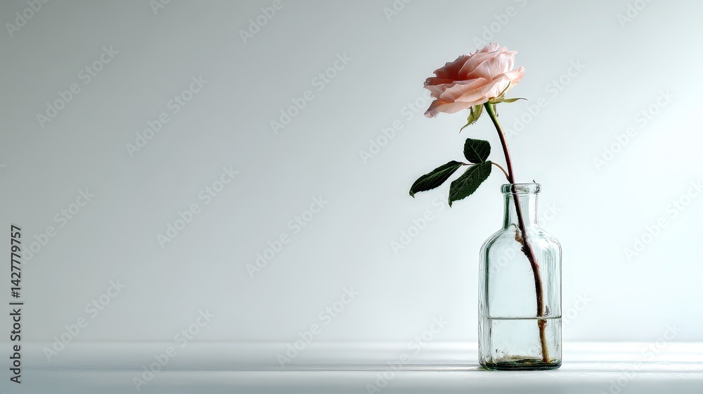 Poster single rose in a glass bottle with soft backlight creating a minimalist and elegant floral arrangeme