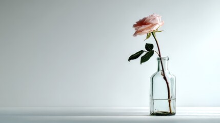 Single rose in a glass bottle with soft backlight creating a minimalist and elegant floral arrangement