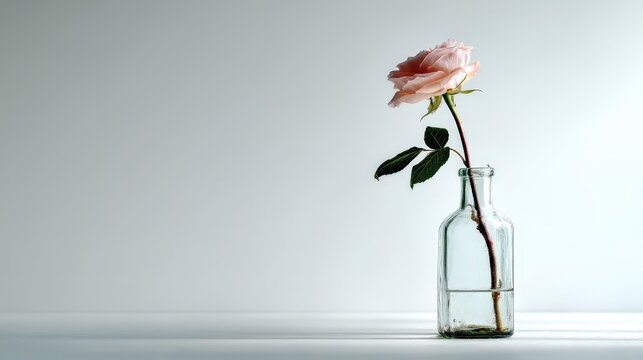 Single rose in a glass bottle with soft backlight creating a minimalist and elegant floral arrangement