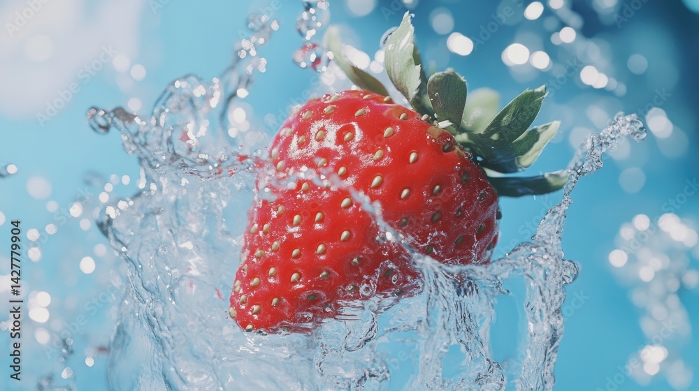 Poster a juicy red strawberry plunging into clear water, creating a dynamic splash, symbolizing freshness a