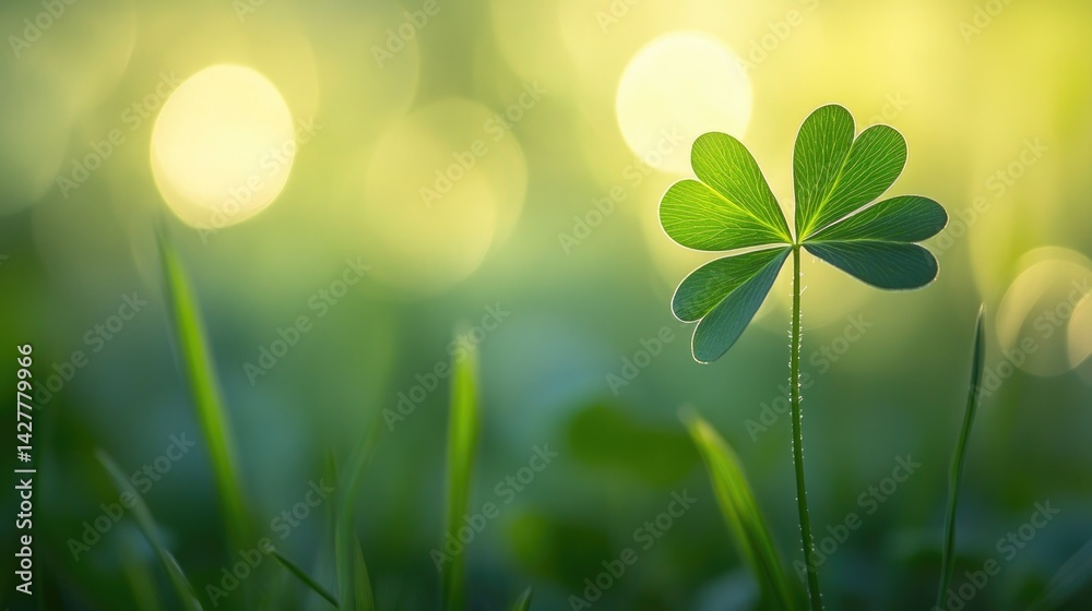 Poster a macro shot of a fortunate trefoil against a soft-focus emerald pasture backdrop, embodying the ess