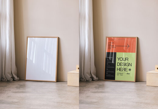Mockup Of Customized Framed Print Leaning Against Wall