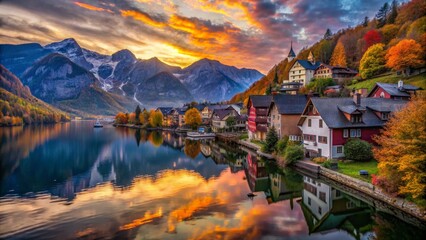 Naklejka premium Picturesque Lakeside Village at Sunset