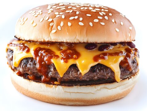 A juicy cheeseburger topped with chili and melted cheddar cheese sits on a sesame seed bun ready to eat.