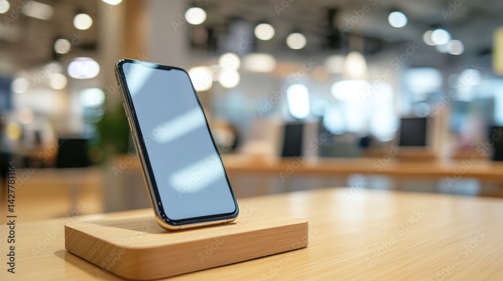 Poster A modern smartphone displayed prominently on a wooden surface in a vibrant retail setting, emphasizing its sleek design and advanced features.