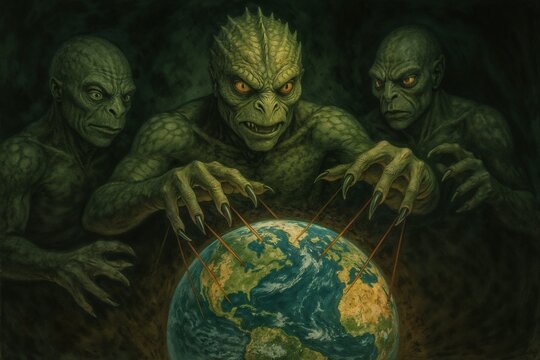 illustration extraterrestrial reptilians attacking and controlling planet Earth